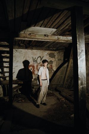 Dramatic shadows cast across a dimly lit basement or attic space with vintage architectural elements.