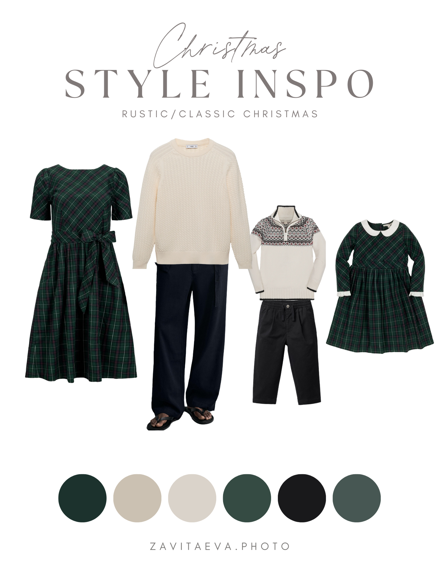 Classic Christmas style inspiration mood board with green plaid dresses and neutral color palette.