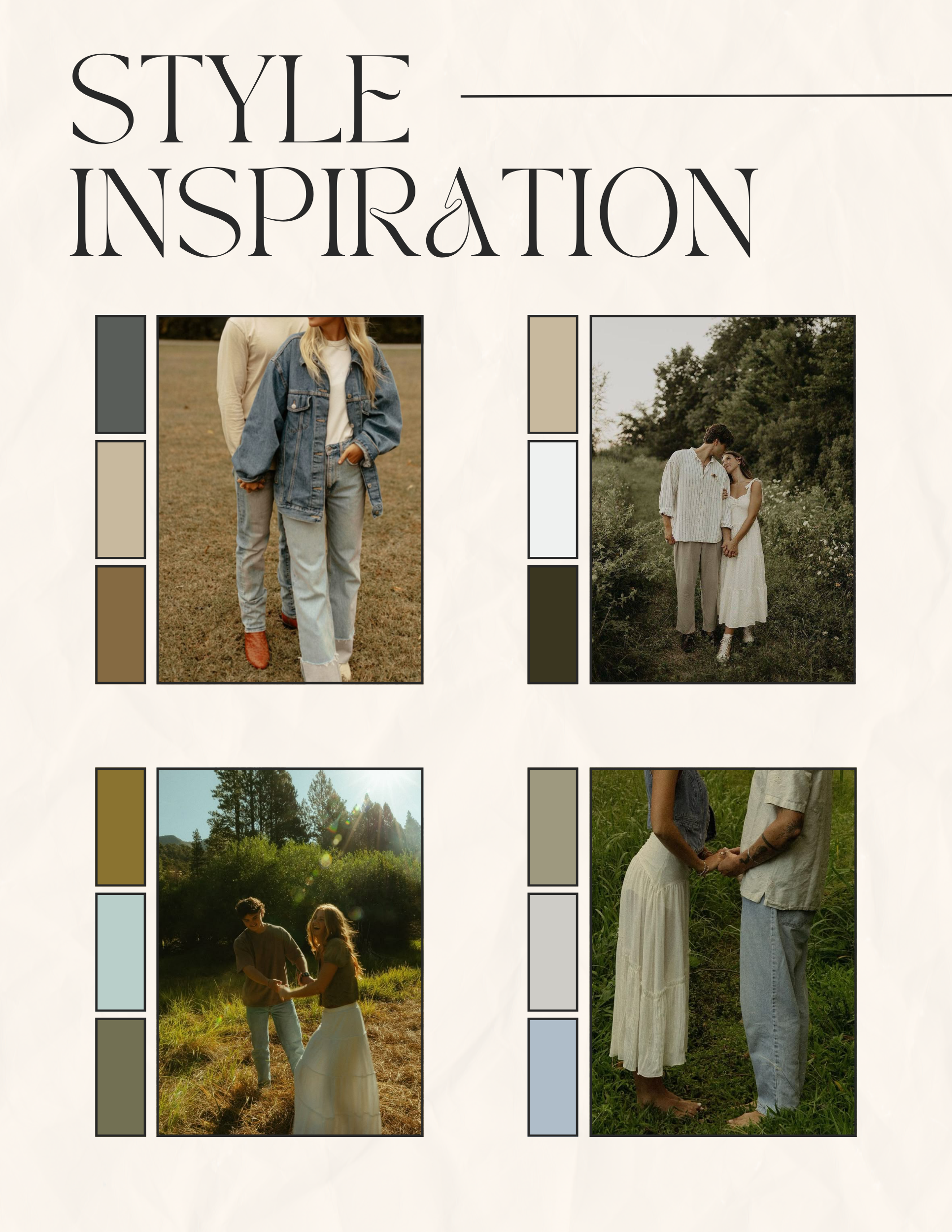 Rustic farmhouse style moodboard featuring soft beige and blue tones with vintage-inspired fashion ensembles and nature scenes.