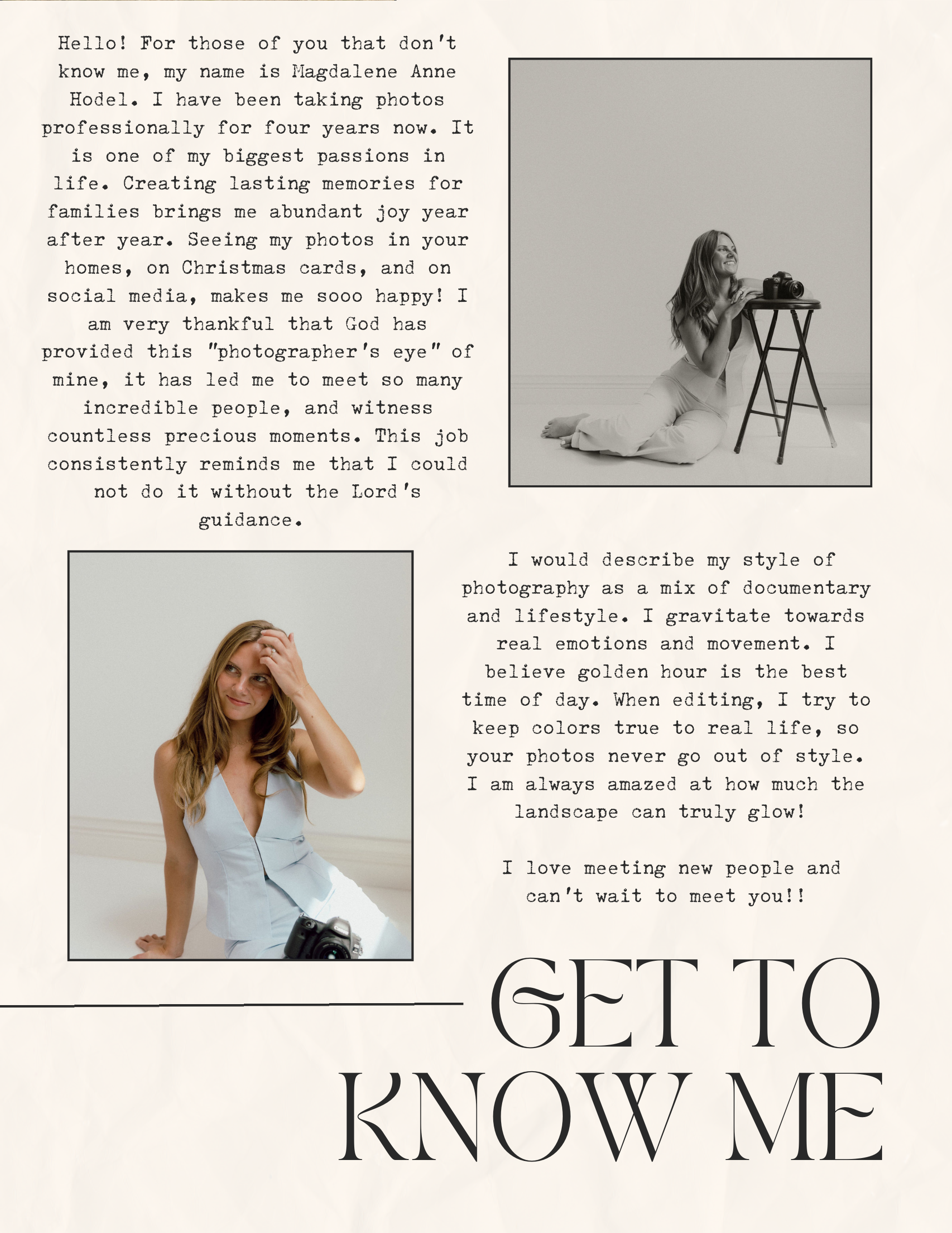A creative minimalist blog template layout featuring black text and simple photo placement on a white background.