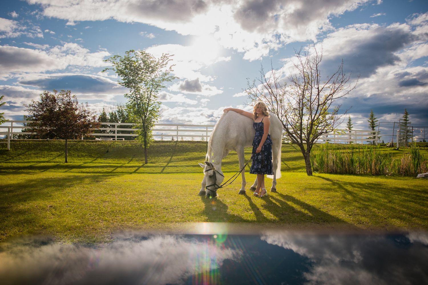 Woman in blue dress standing with a white horse on lush green grass under dramatic cloudy sky.