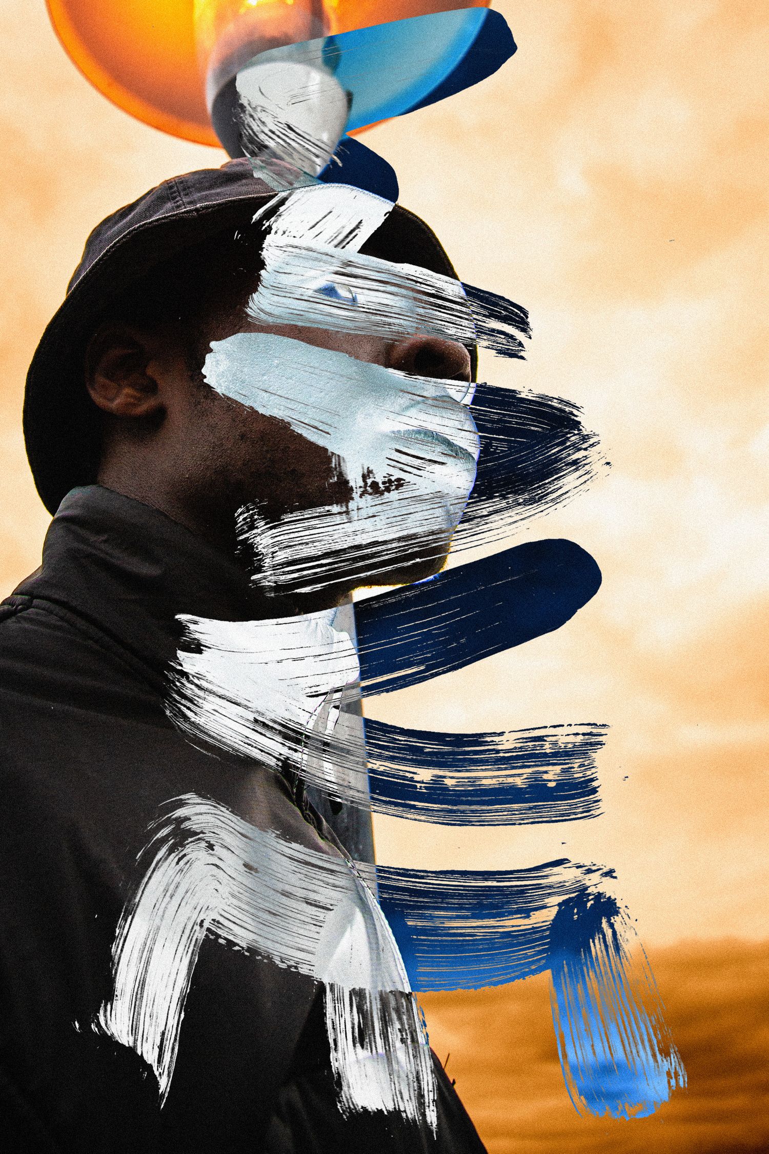 Abstract art series showing silhouettes with bold white and blue brushstrokes against an orange sky background.
