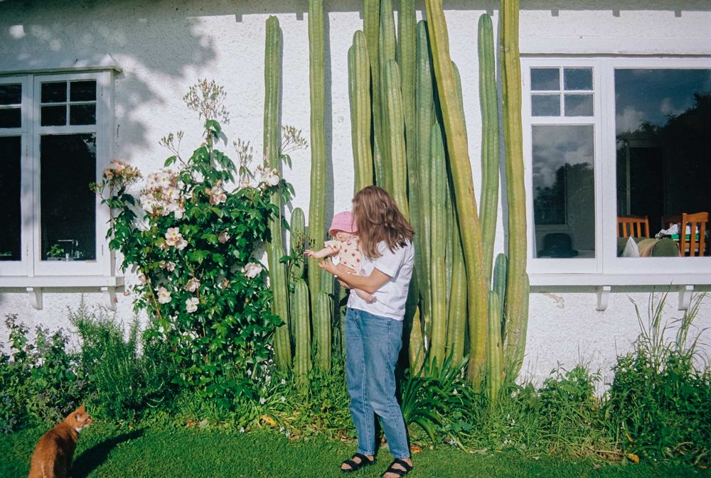 Person practices tennis serve technique against exterior wall of white house surrounded by garden plants and greenery.