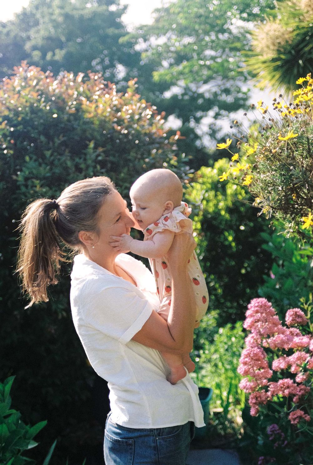 A series of candid photos showing tender moments between parent and baby in a sunny garden with pink flowers.