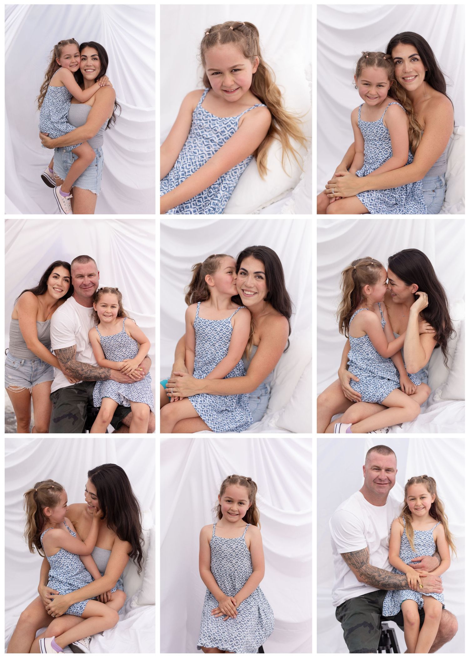Collection of intimate family portrait photos in blue and white tones showing tender moments and embraces. Market Mini Sessions.