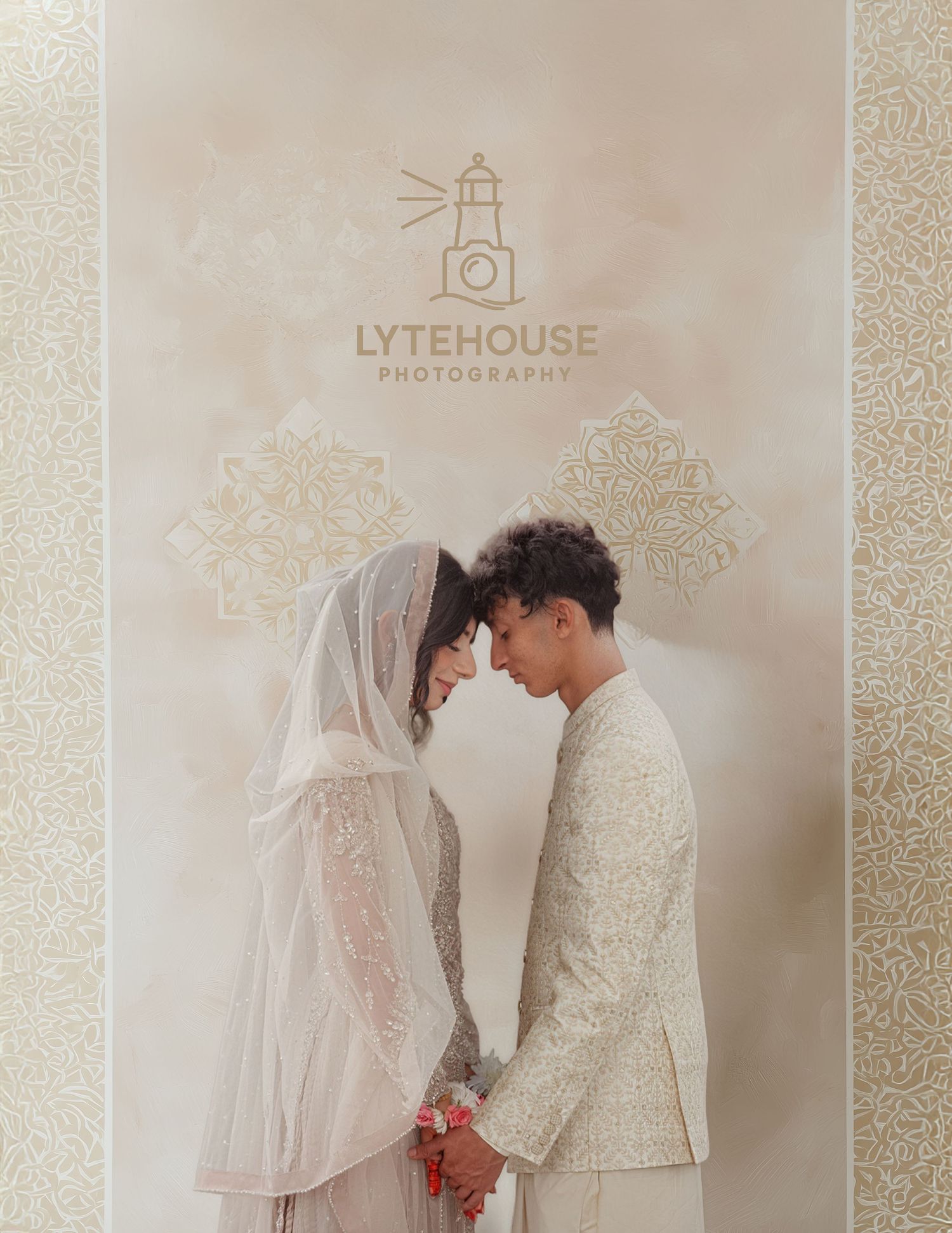 Elegant wedding photoshoot with couple in traditional Indonesian wedding attire sharing intimate moments in modern studio.