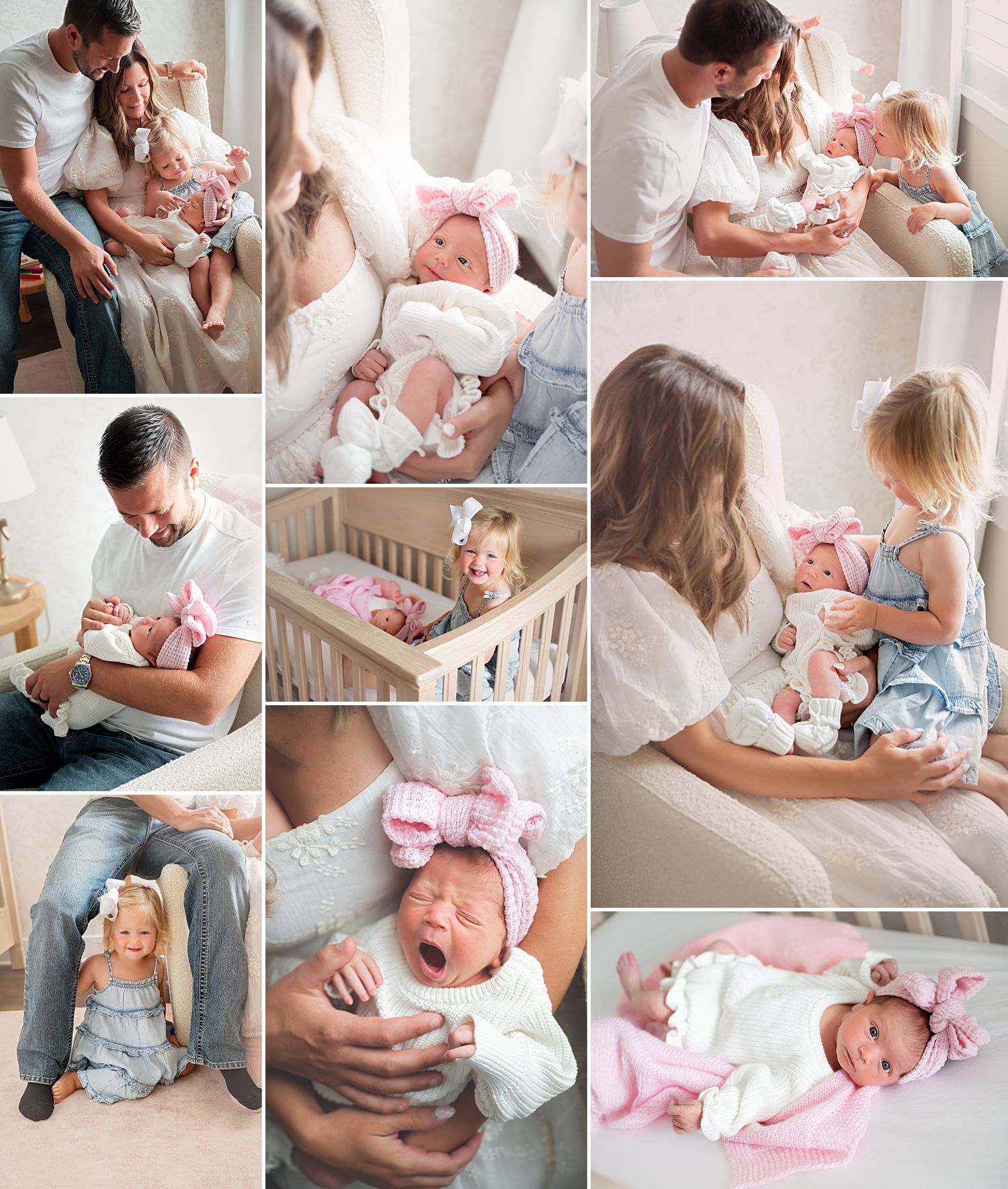 Modern family portrait collection in coordinated neutral outfits against white backdrop.