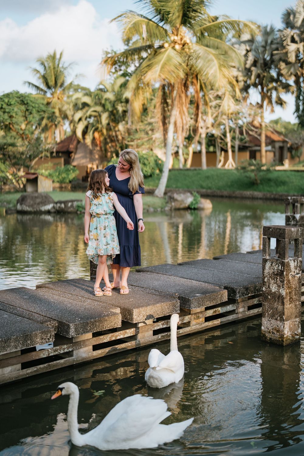 Wooden dock extends into tropical lake with white swans swimming nearby.