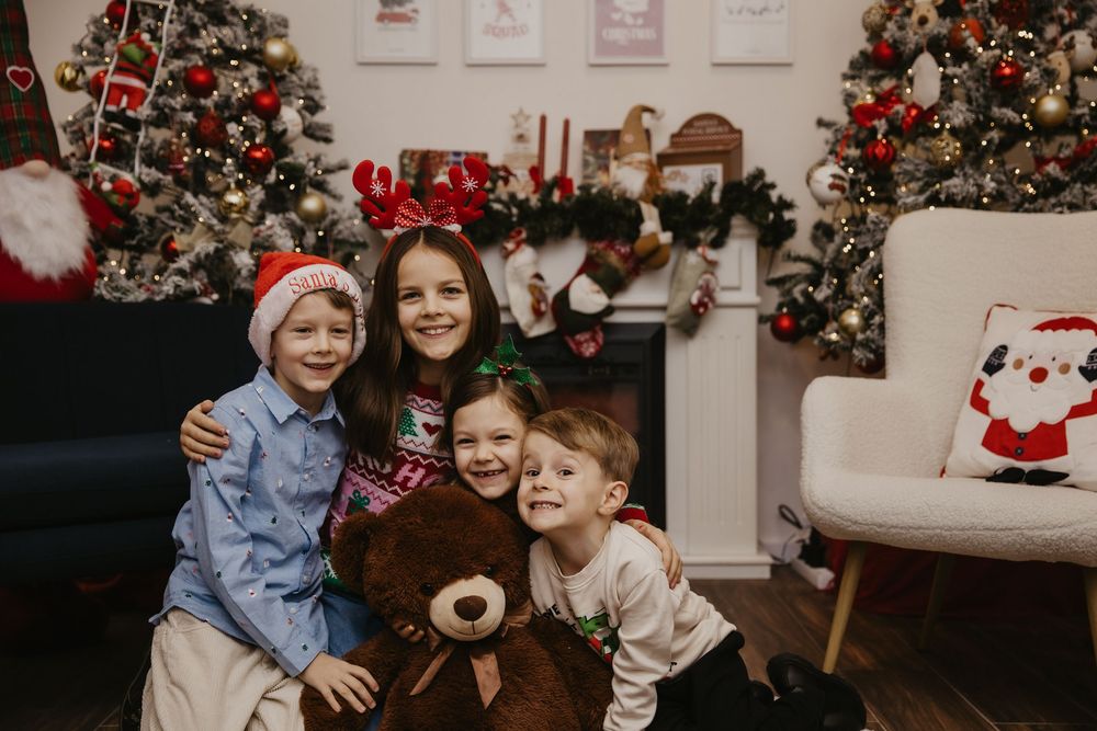A festive holiday photo collage showing multiple Christmas scenes with decorated trees and holiday decor in the background.