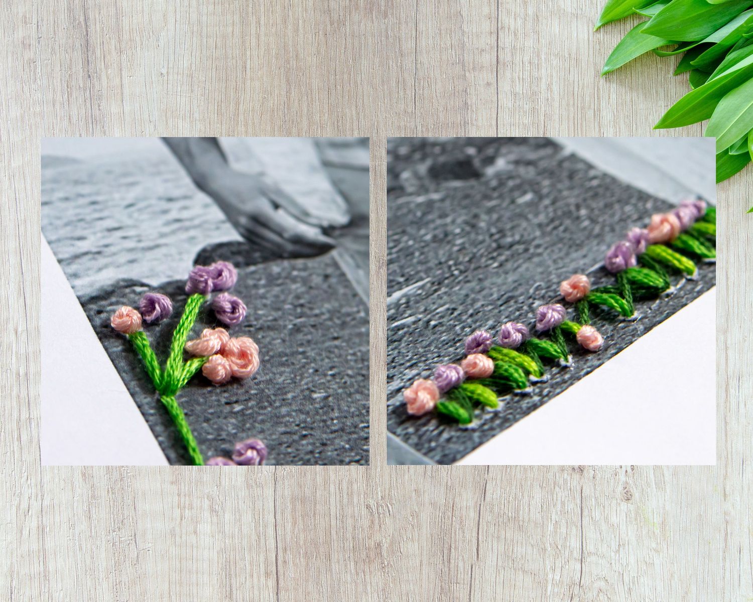 Artistic floral arrangement photos showing pink roses laid out on dark stone surfaces.