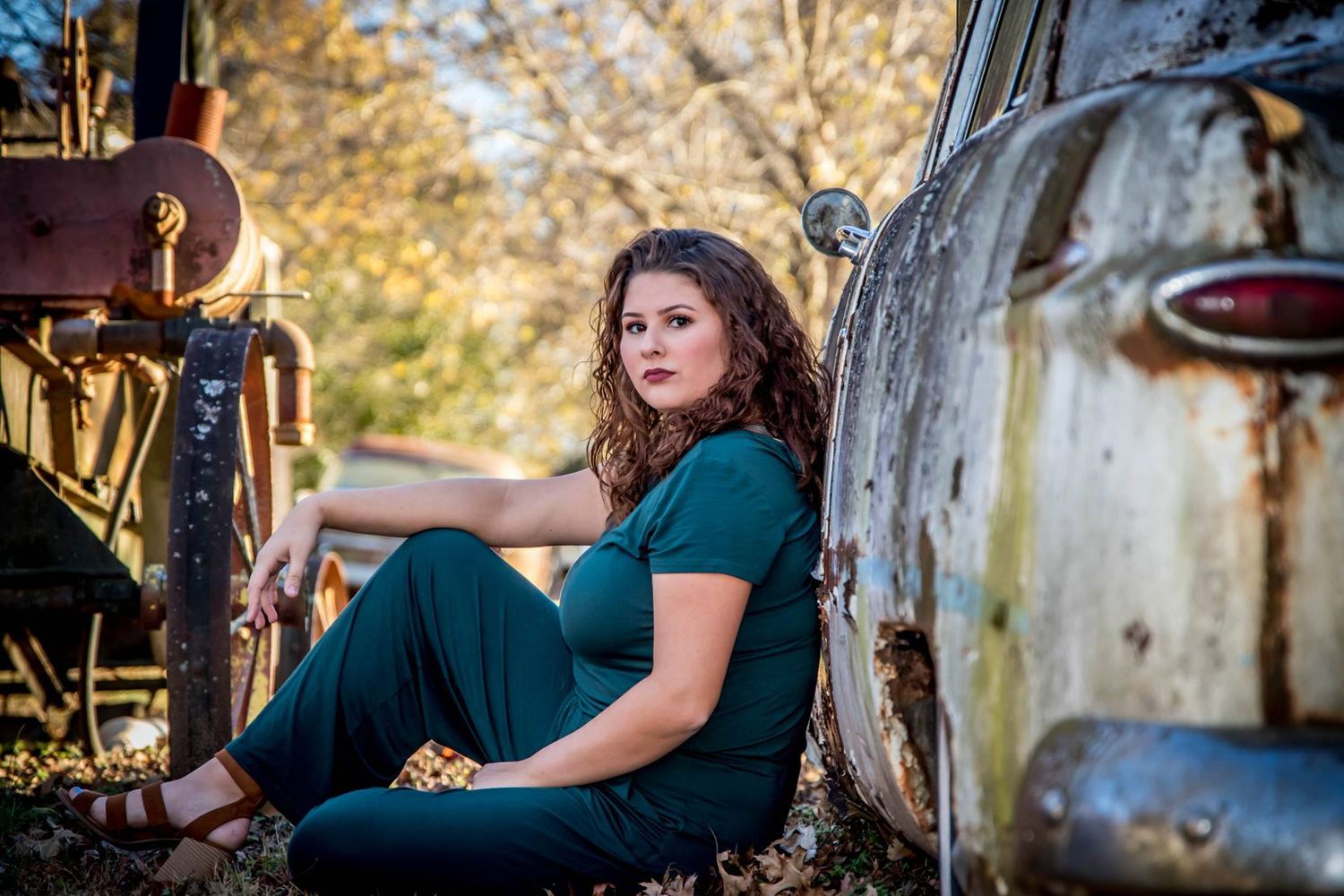 A collection of outdoor autumn portraits captured during golden hour with warm lighting and natural scenery.