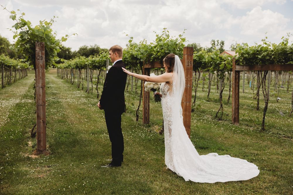 Bride and groom share a romantic first look moment in a lush vineyard, bride in lace gown with long veil.