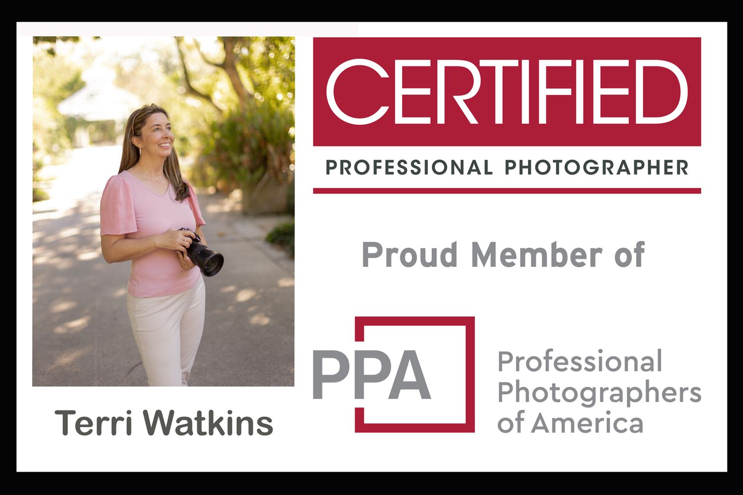 Professional photography certification badges and membership credentials display.