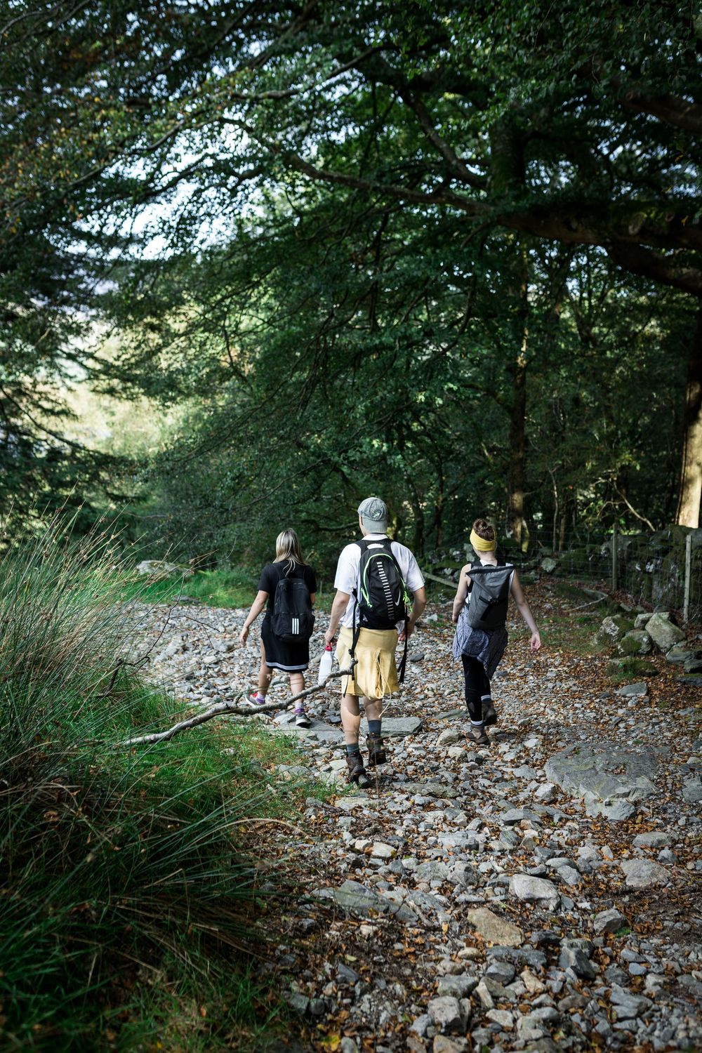 Three hikers with backpacks walking along a rocky forest trail surrounded by lush green trees.
