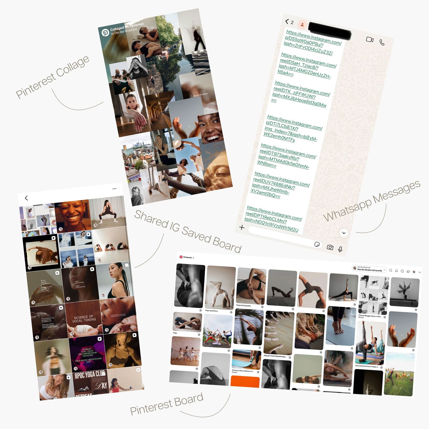 Pinterest collage, shared board, and WhatsApp messages showcasing yoga poses and fitness inspiration for social media planning.