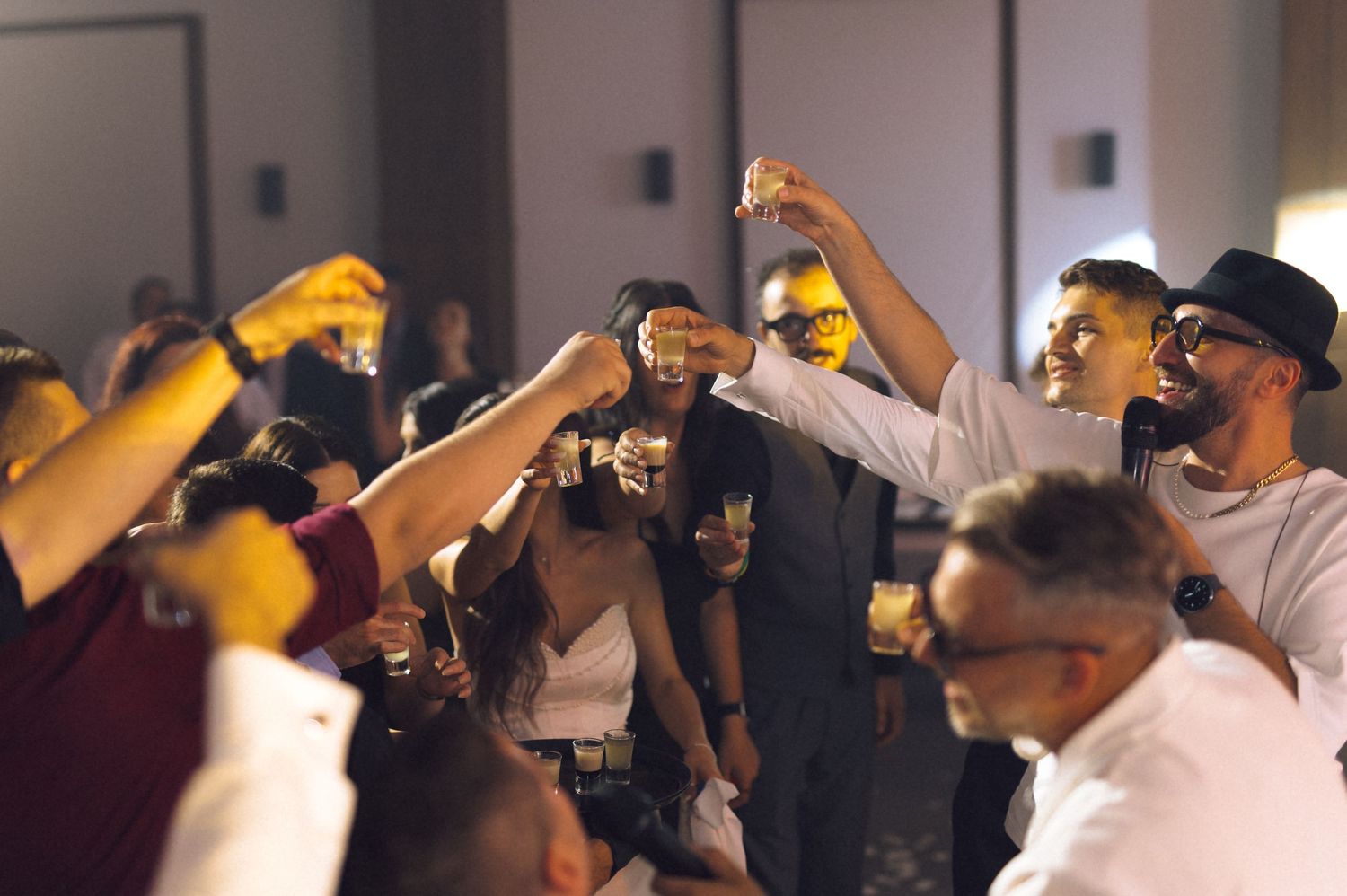 Group of diverse people raising glasses in a celebratory toast at an indoor social gathering or party event.