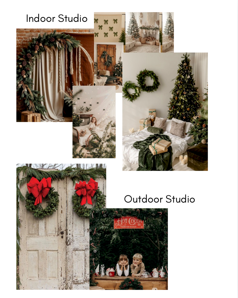 Festive Christmas photo studio collage featuring indoor holiday decor with wreaths and trees, and a rustic outdoor setup with red bows.