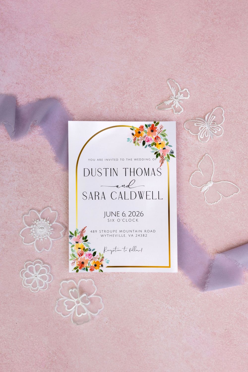 Wedding invitation for Dustin Thomas and Sara Caldwell on June 6 2026 in Wytheville VA with floral design.
