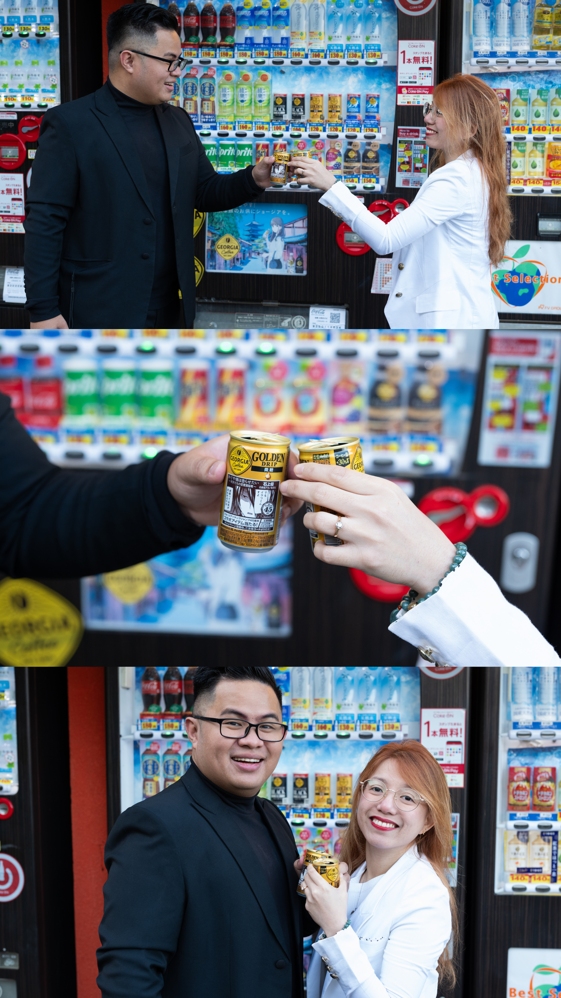 Couple toasting with canned drinks at a colorful Japanese vending machine in three-panel photo.