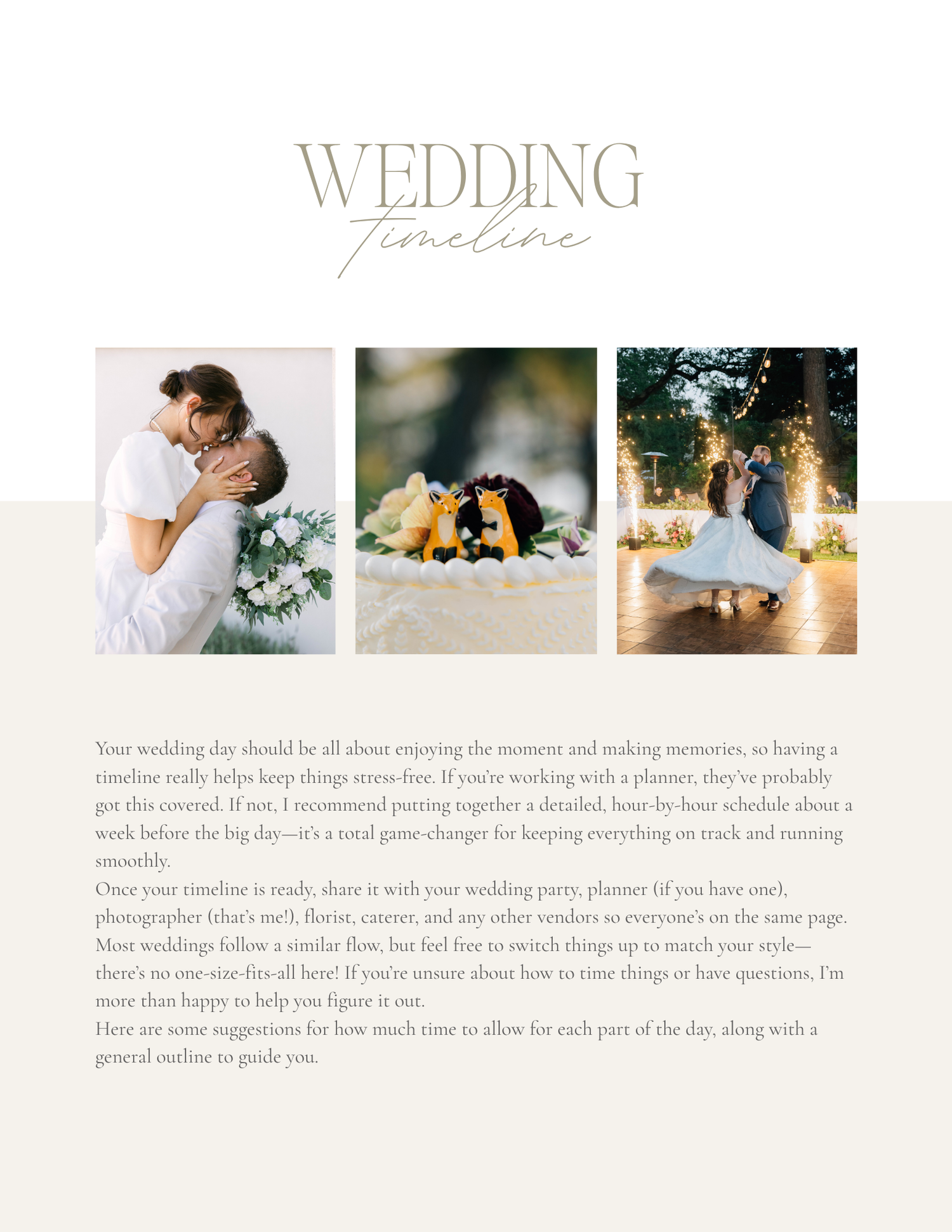 A wedding timeline guide featuring a couple embracing and a reception dance photo on an elegant white background.