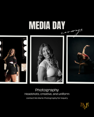 Media Day coverage flyer featuring three dance photos including headshots, creative, and uniform shots by Mo Marie Photography.