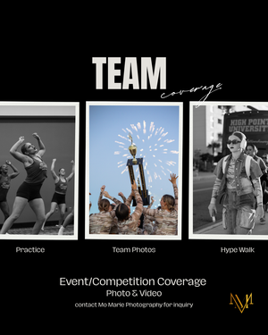 A promotional flyer for team event and competition photo and video coverage featuring dance practice, trophy, and hype walk photos.