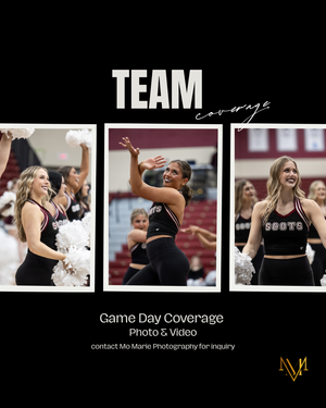 Team Game Day Coverage flyer showing three cheerleaders performing at a game, offering photo and video by Mo Marie Photography.