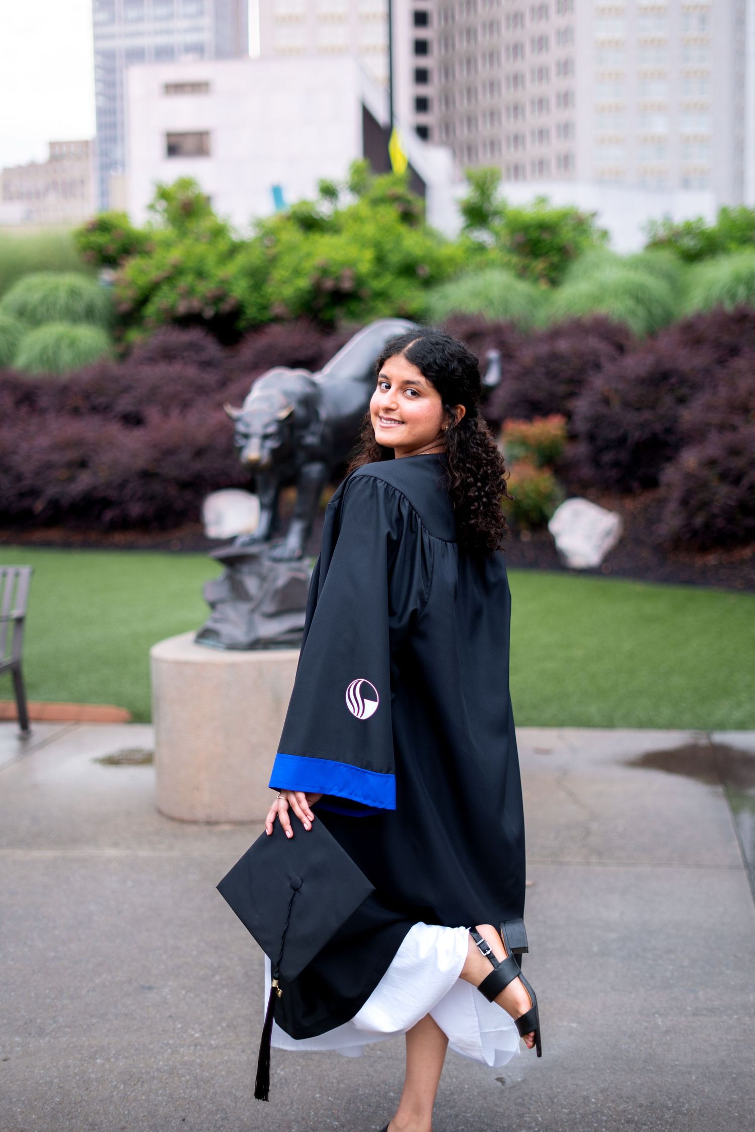 Georgia State graduation photos in front of the iconic student center panther sculpture - Pierre the Pear Photography Atlanta