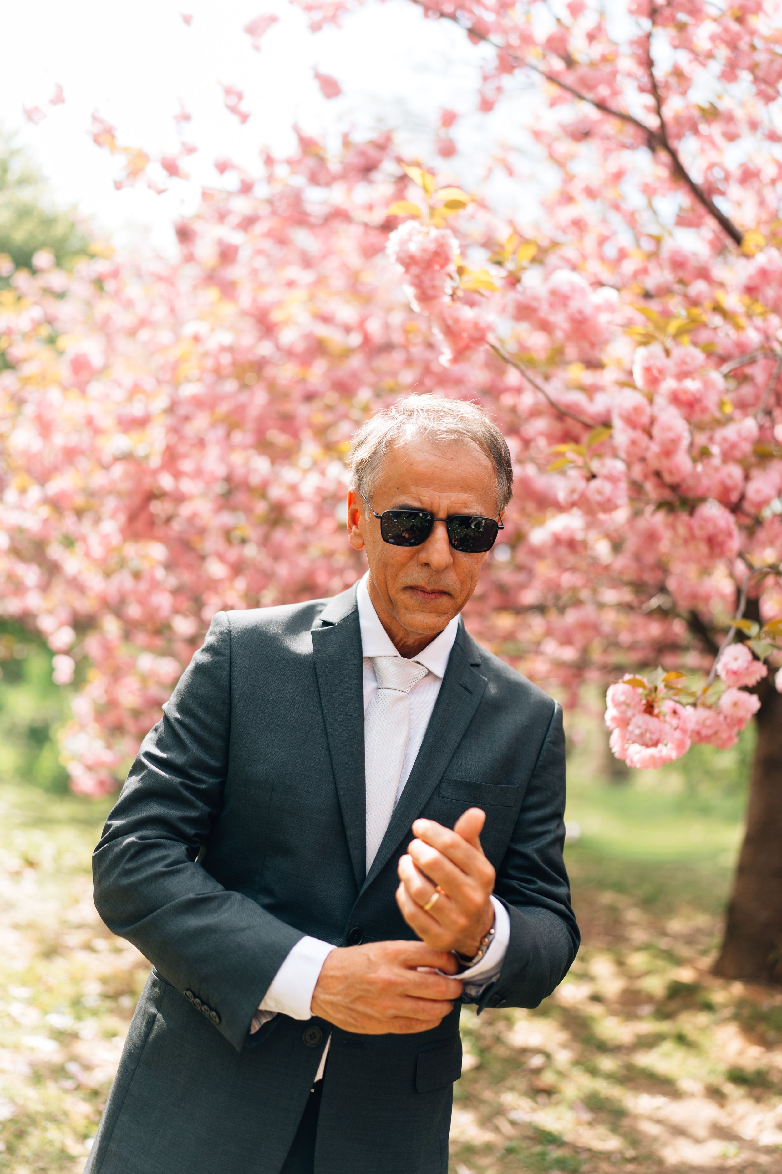 Mature businessman in dark suit and sunglasses adjusting cufflinks outdoors near blooming pink cherry blossom trees.