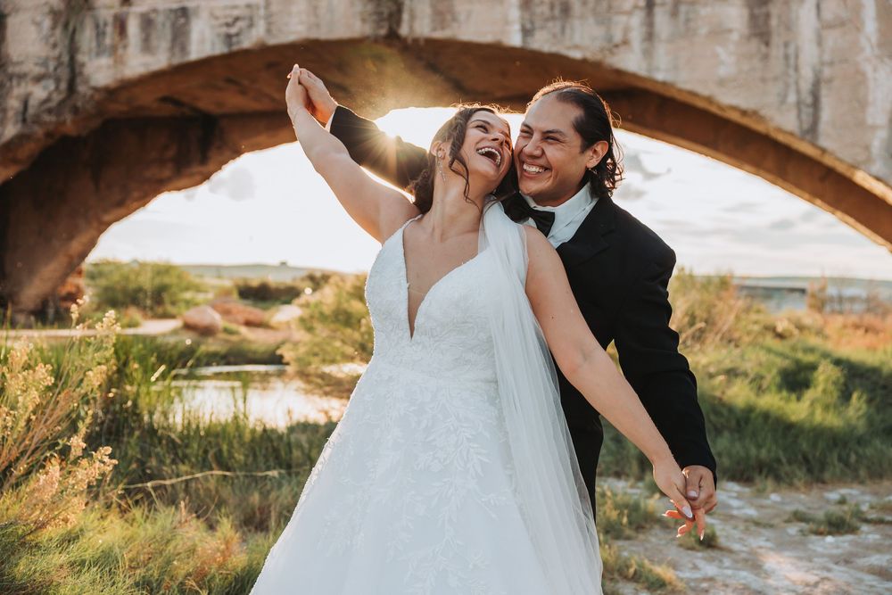 A romantic wedding photo collage showing intimate moments between a couple in formal attire at various outdoor locations.