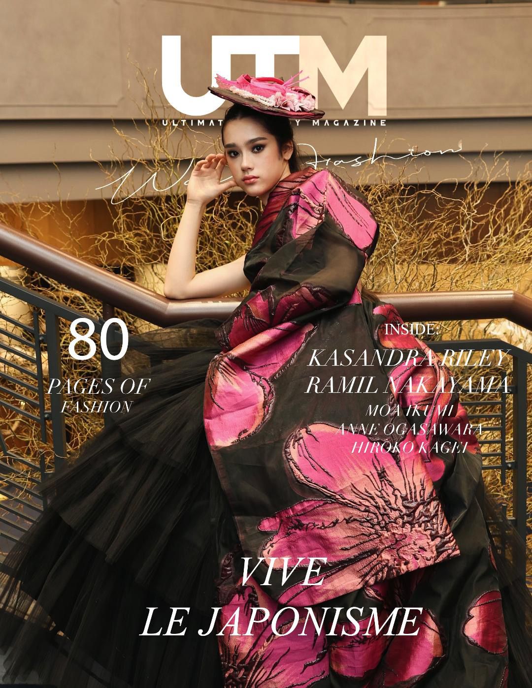 Fashion editorial spread featuring dramatic black and pink couture gowns in a rustic outdoor setting against golden grass.