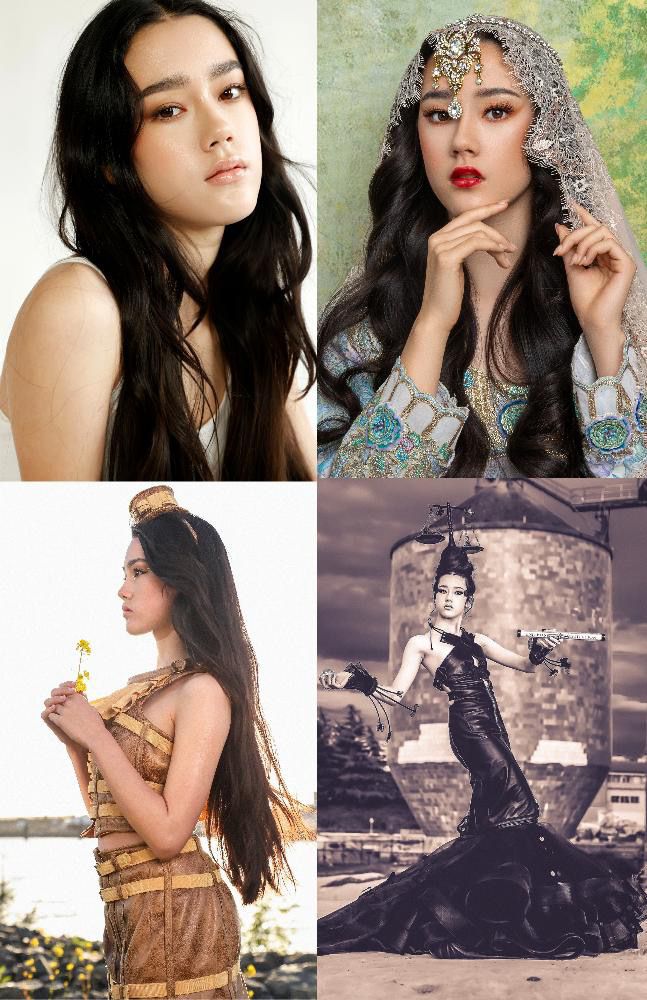 Four fashion portraits showcasing different styles from natural beauty to ornate traditional dress and dramatic evening wear.