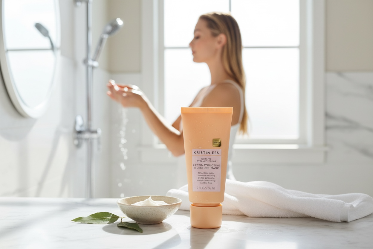 A series of connected lifestyle images showing a person holding products in a bright, minimalist white interior space.