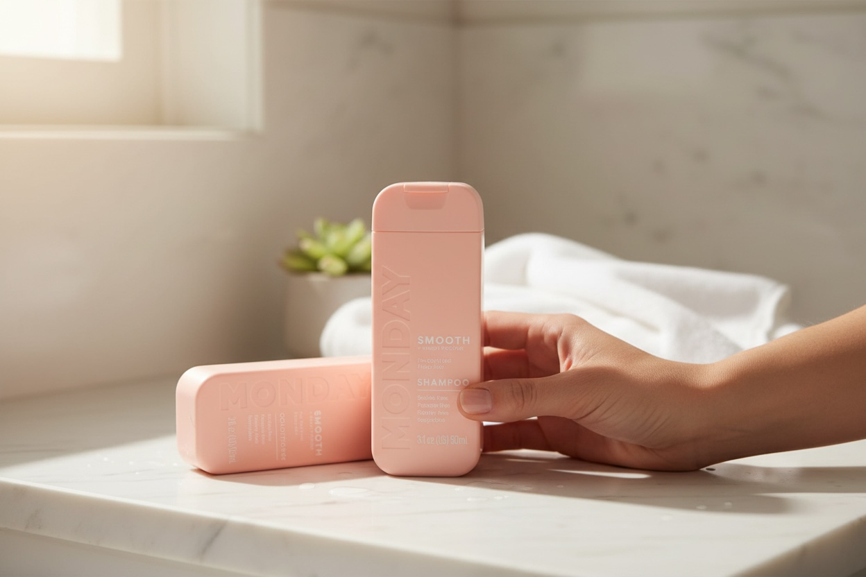 Pink beauty sponges and makeup applicators arranged on a white marble surface in soft natural lighting.