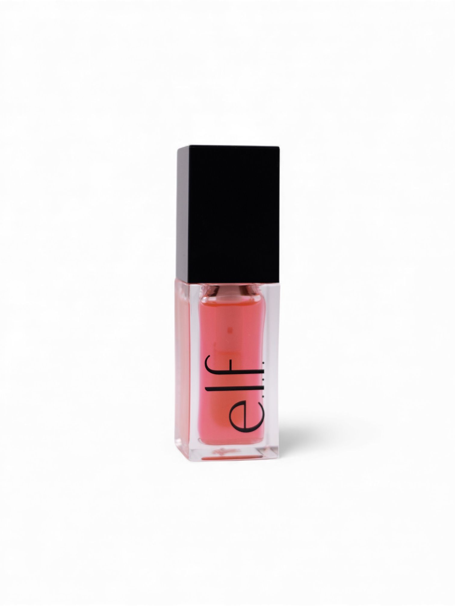 Four bottles of coral pink nail polish in rectangular glass containers with black caps shown at different angles.