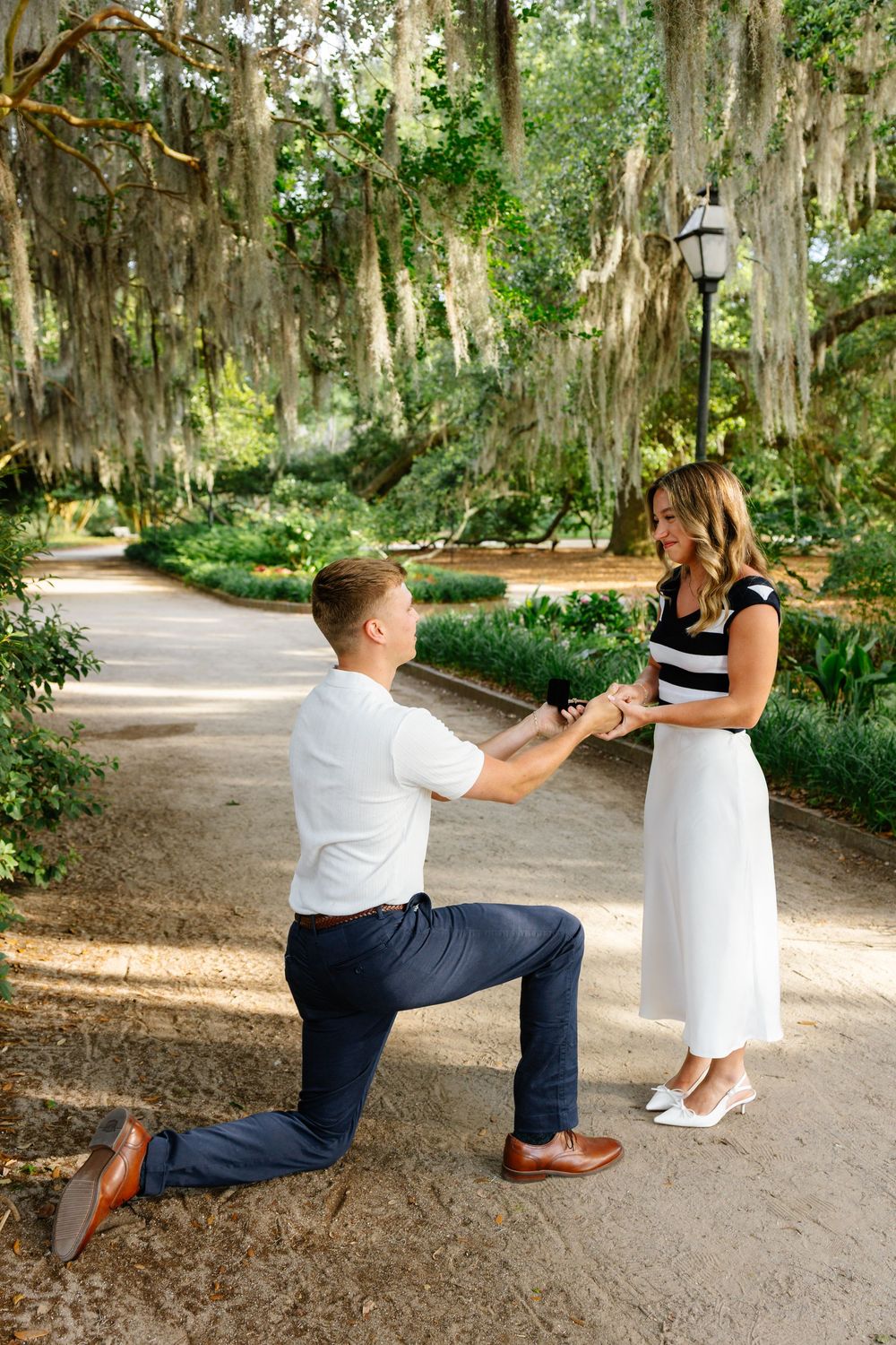 Man proposes on one knee to woman on a scenic tree-lined path with Spanish moss in a lush green park.