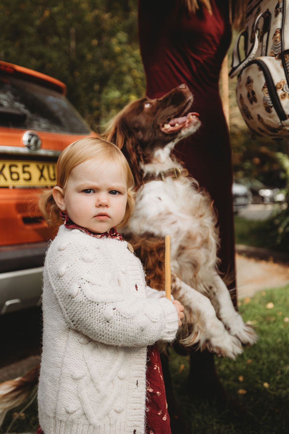 A small child wearing a white knit sweater hugs a fluffy white dog outdoors on an autumn day.