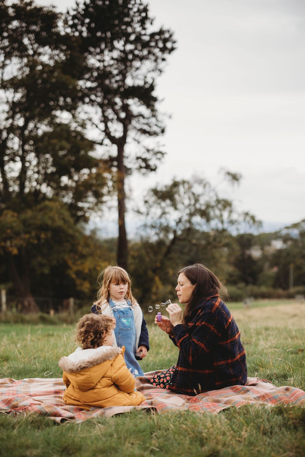 People enjoying a picnic on a plaid blanket in a grassy field with tall trees in the background.