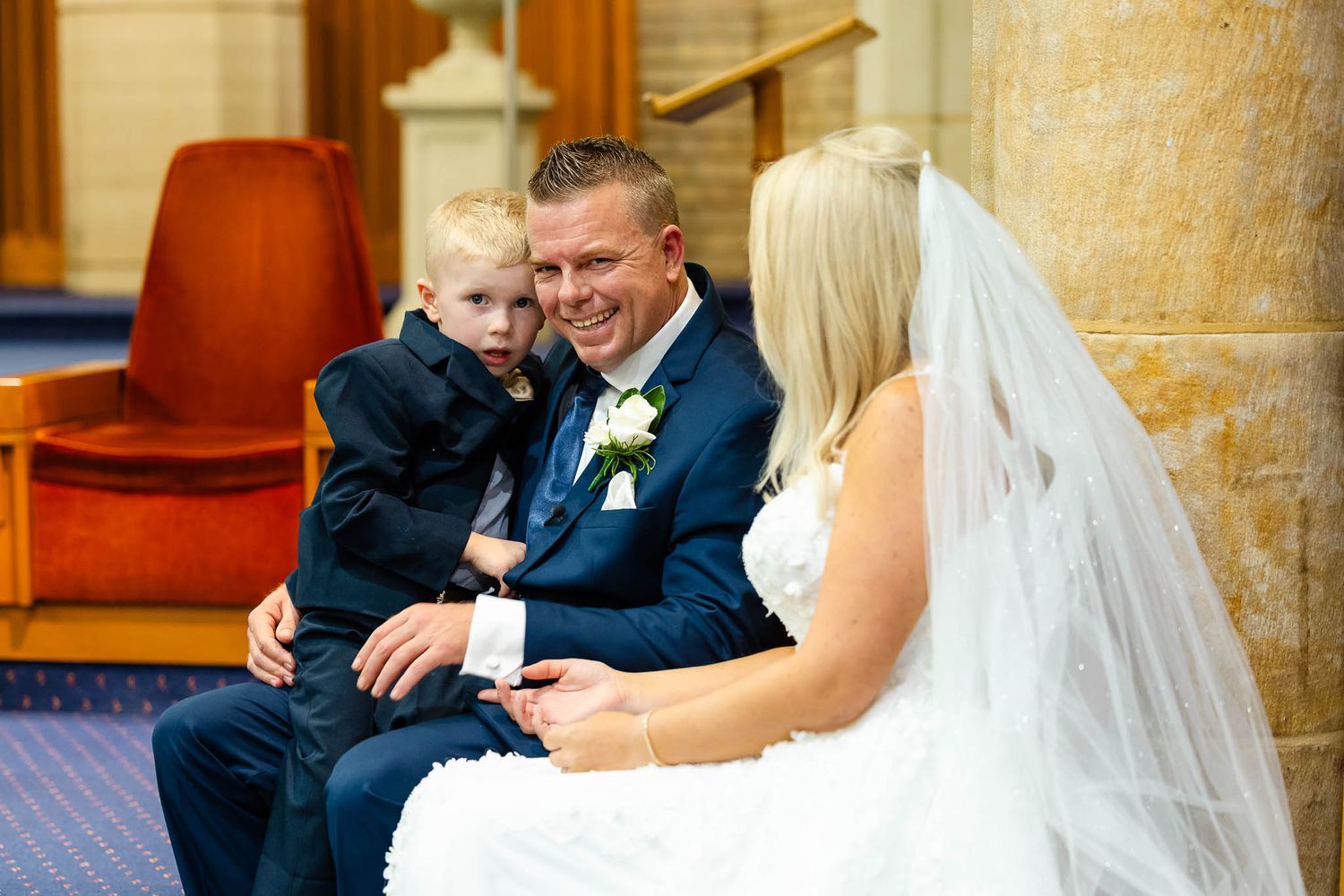 A series of emotional moments during a wedding ceremony showing tender interactions between guests and participants.