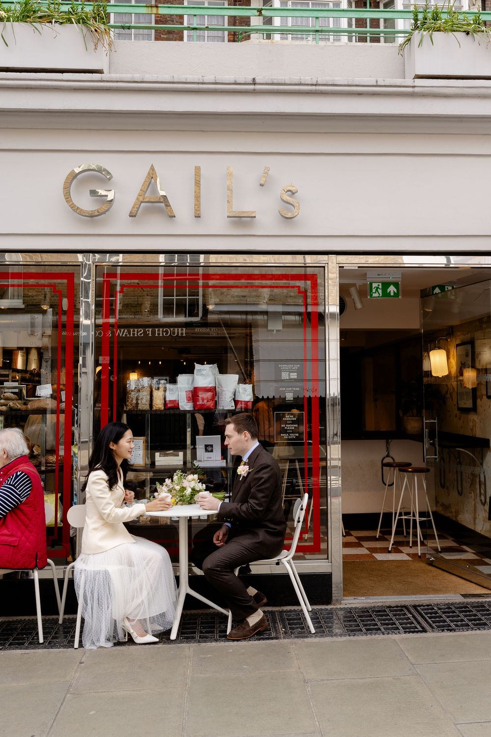 A series of photos showing a cafe storefront with outdoor seating and people dining at tables on the sidewalk.