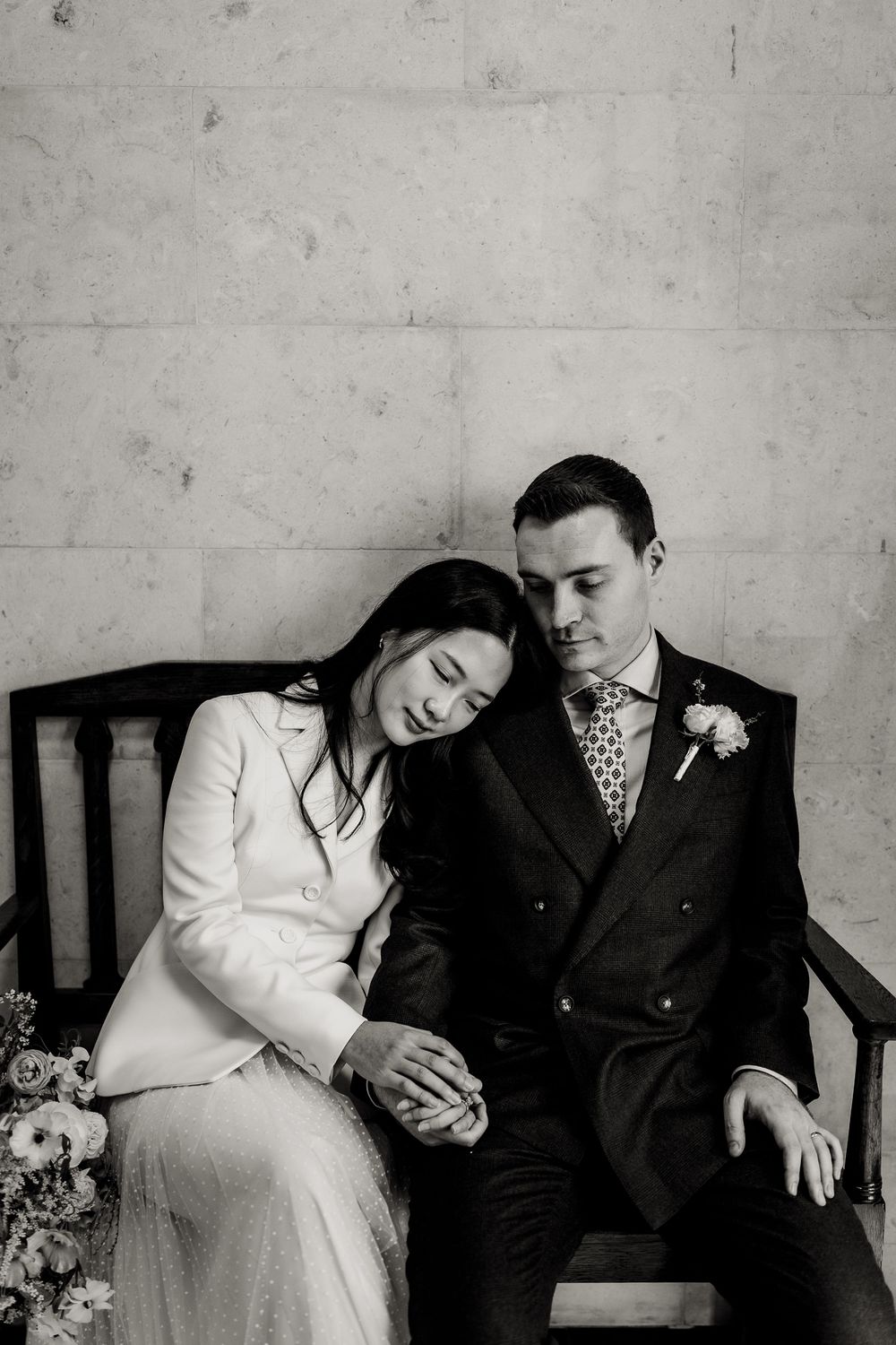 A romantic vintage black and white photo sequence showing a couple sitting close together on a bench.