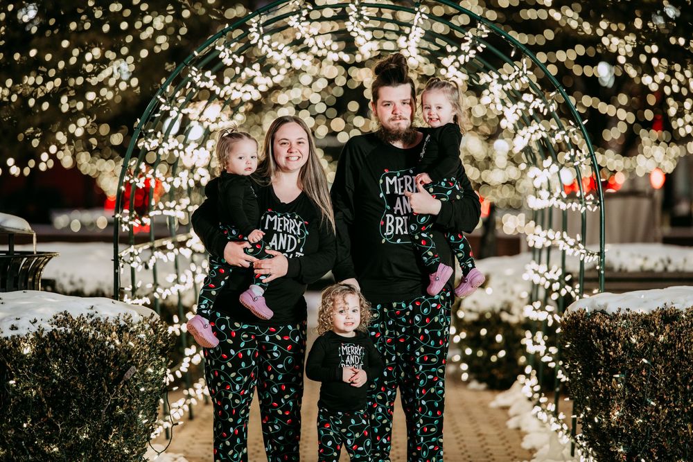 A series of holiday photos showing people gathered under twinkling Christmas lights in an outdoor setting.