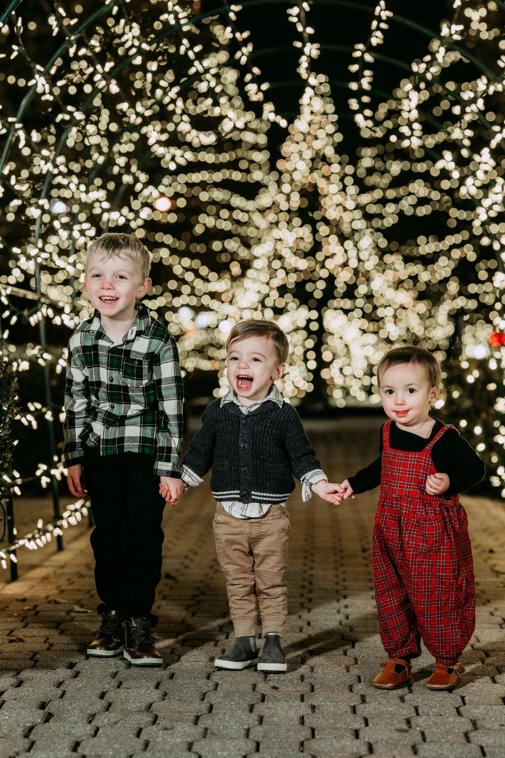 Three children in plaid and casual clothing pose and laugh together against a backdrop of twinkling holiday lights.