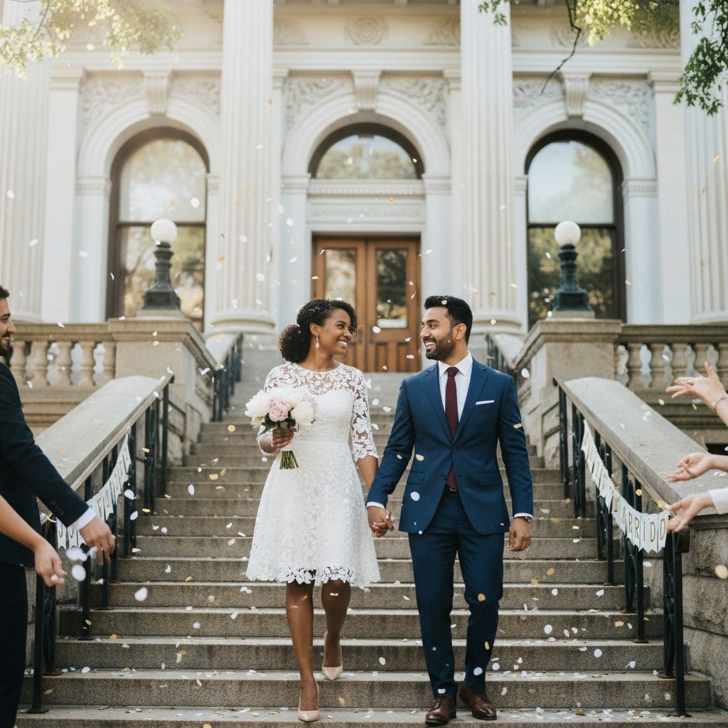 Newlyweds and wedding party celebrate on grand stone staircase of historic building with confetti in the air.