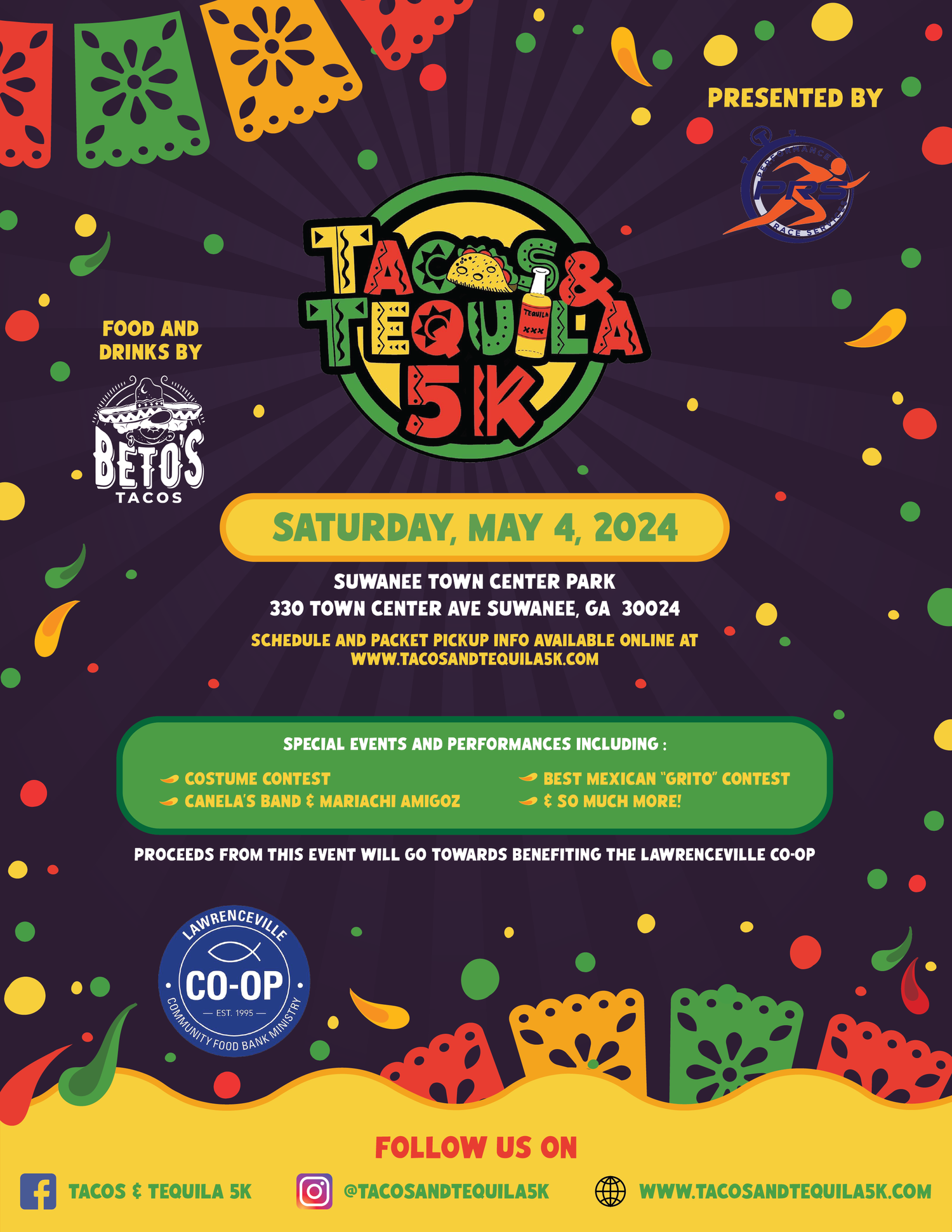 Flyer for a tacos and tequila themed 5k race inspired by the vibrance and fullness of Mexican culture
