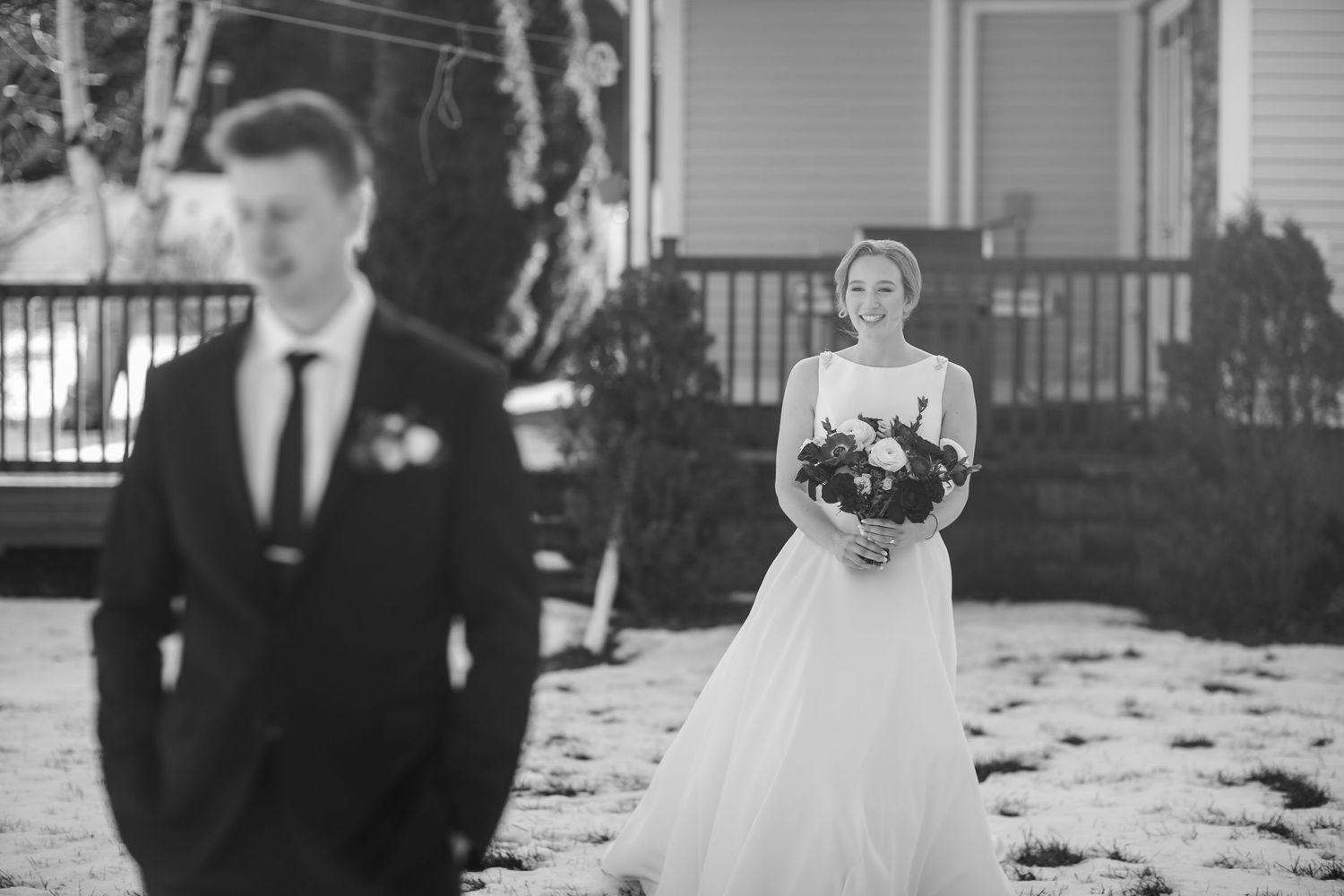 Black and white wedding photo montage showing couples posing outdoors in formal attire with bouquets.