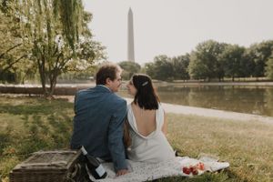 Couple having a romantic picnic near the Washington Monument with a pond view.