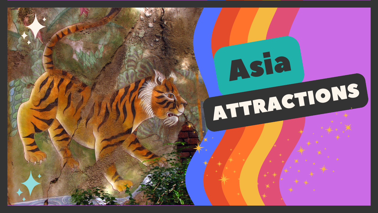 Colorful YouTube thumbnail featuring an artistic tiger illustration and "Asia Attractions" text on vibrant striped background.