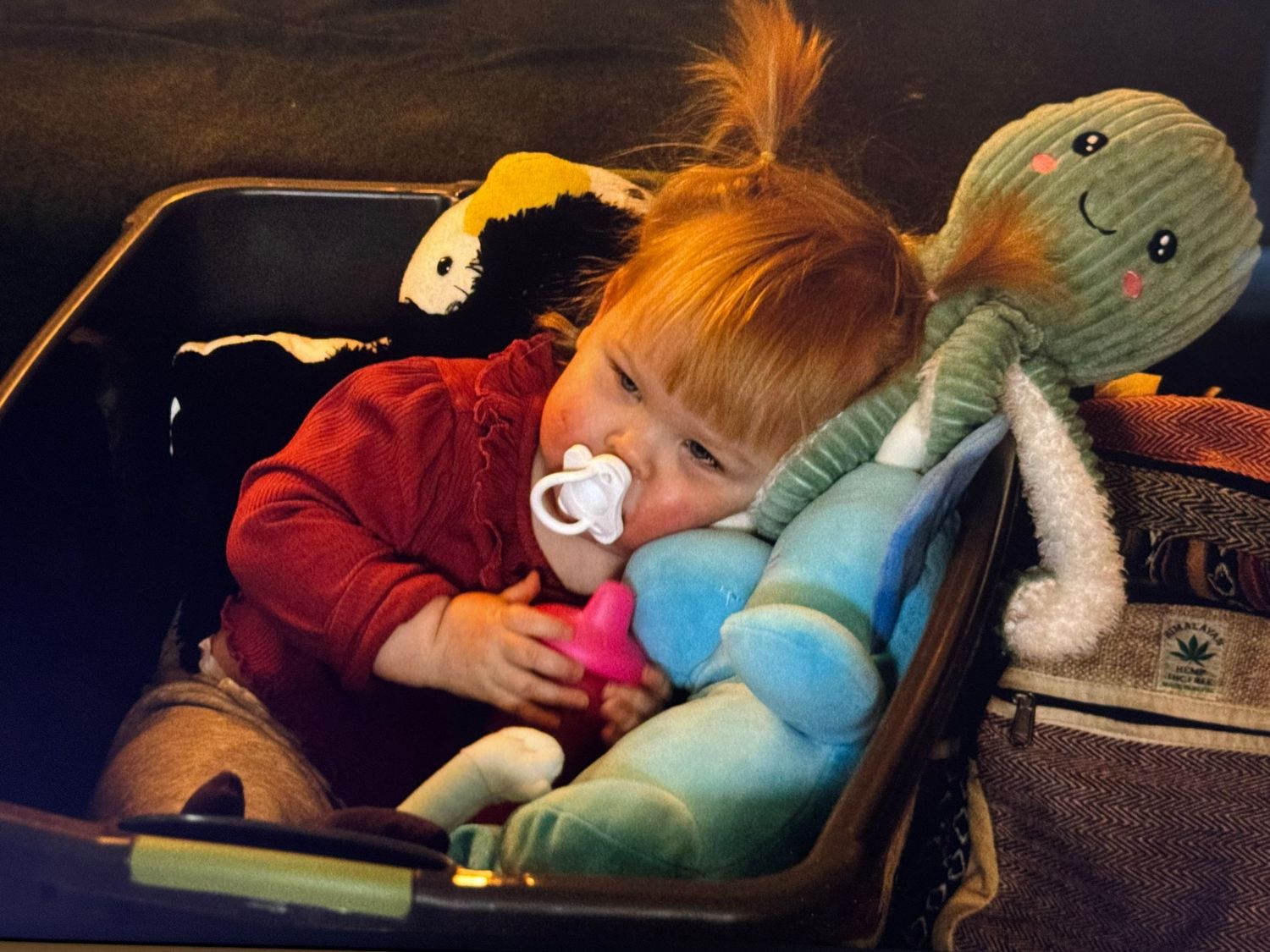 Sleeping figure cuddled with a blue plush toy in dim lighting.
