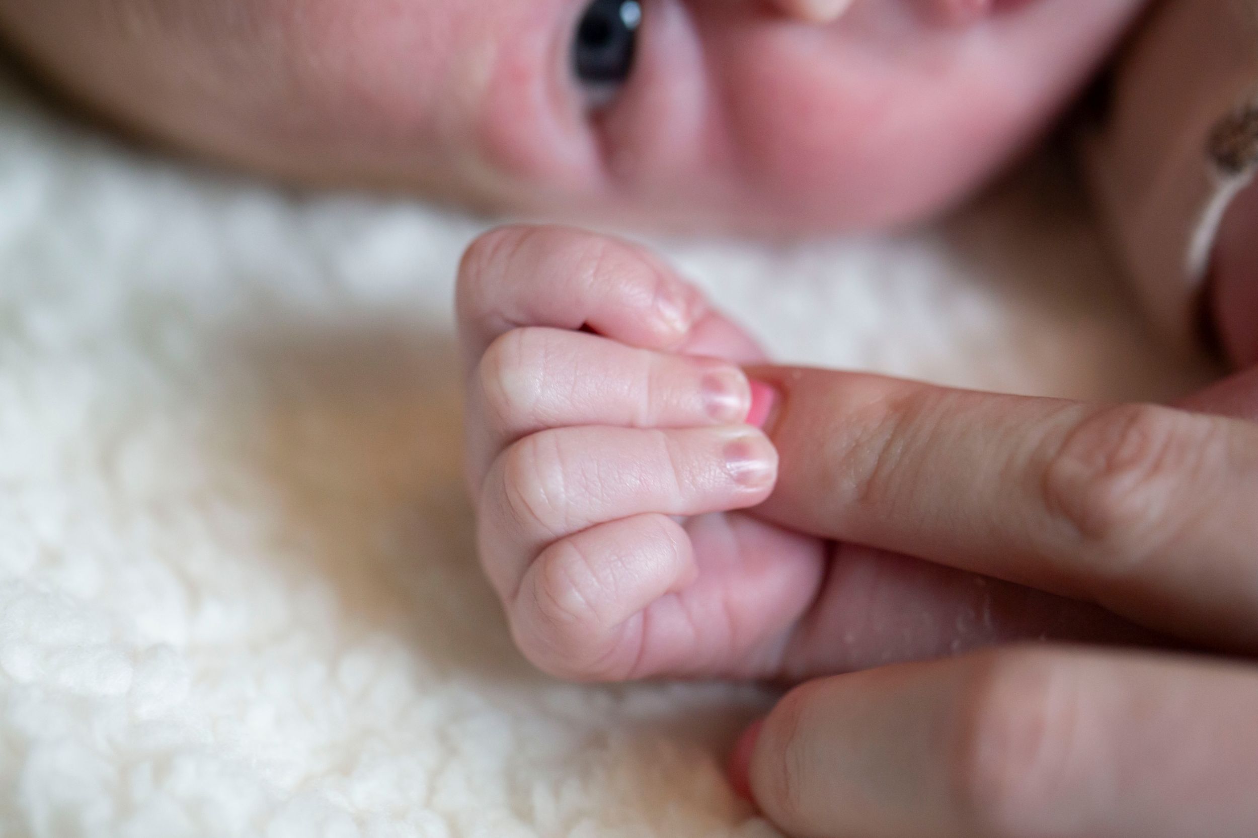 Tiny newborn baby hand gently gripping an adult finger on a soft white blanket.